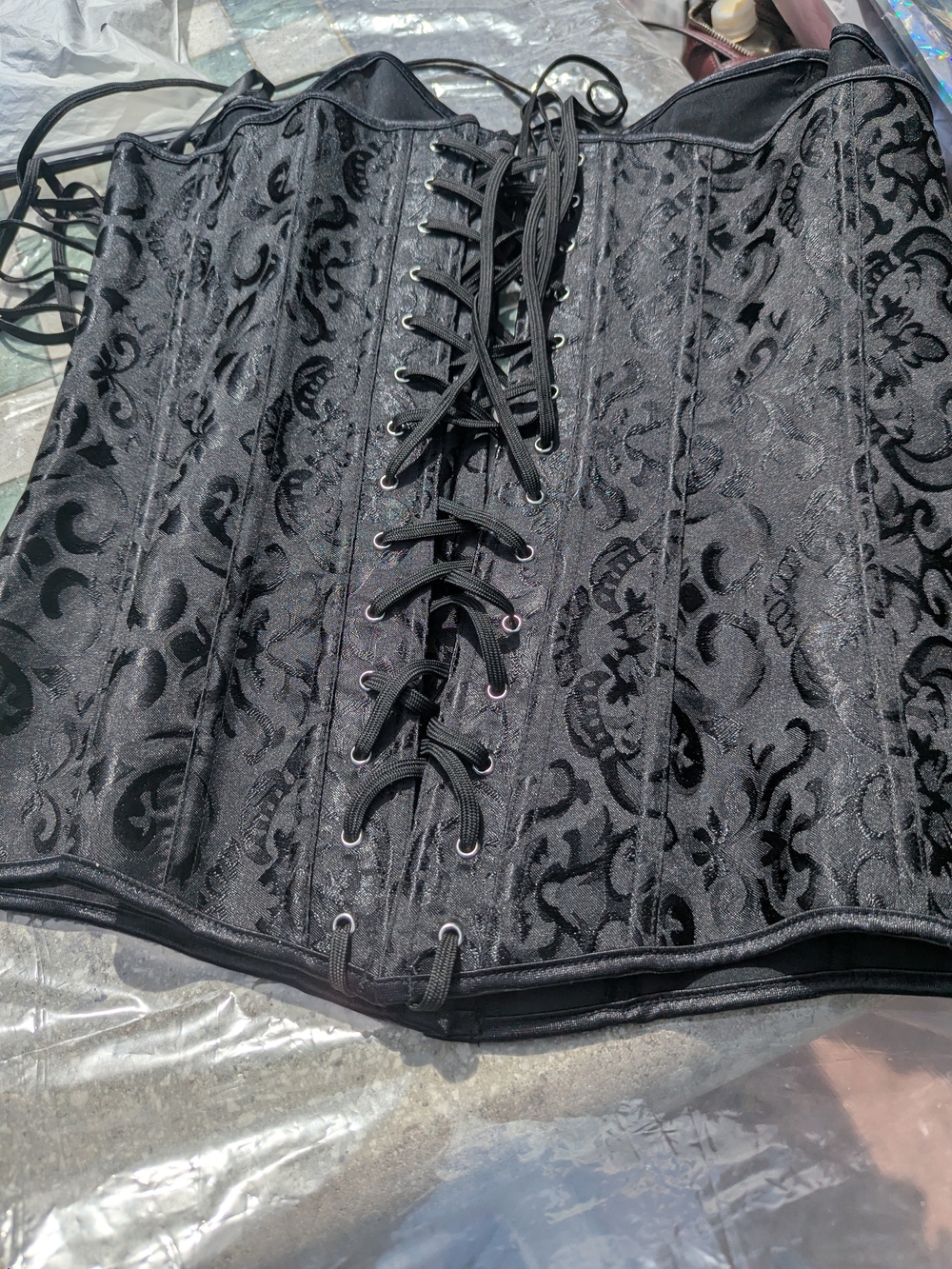 Black Velvet Brocade Corset Top with Front Lacing